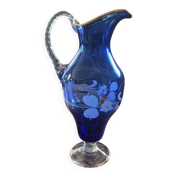 Carafe en verre de Bohême bleu cobalt peint à la main, années 1950-1970