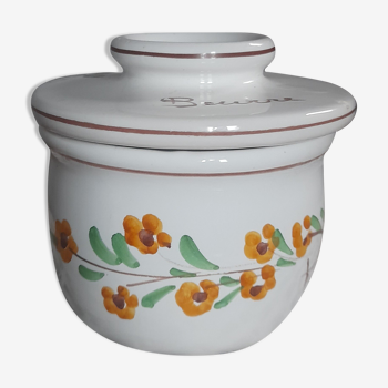 Beurrier à eau céramique, blanc et fleurs champêtres orange, marron, années 70
