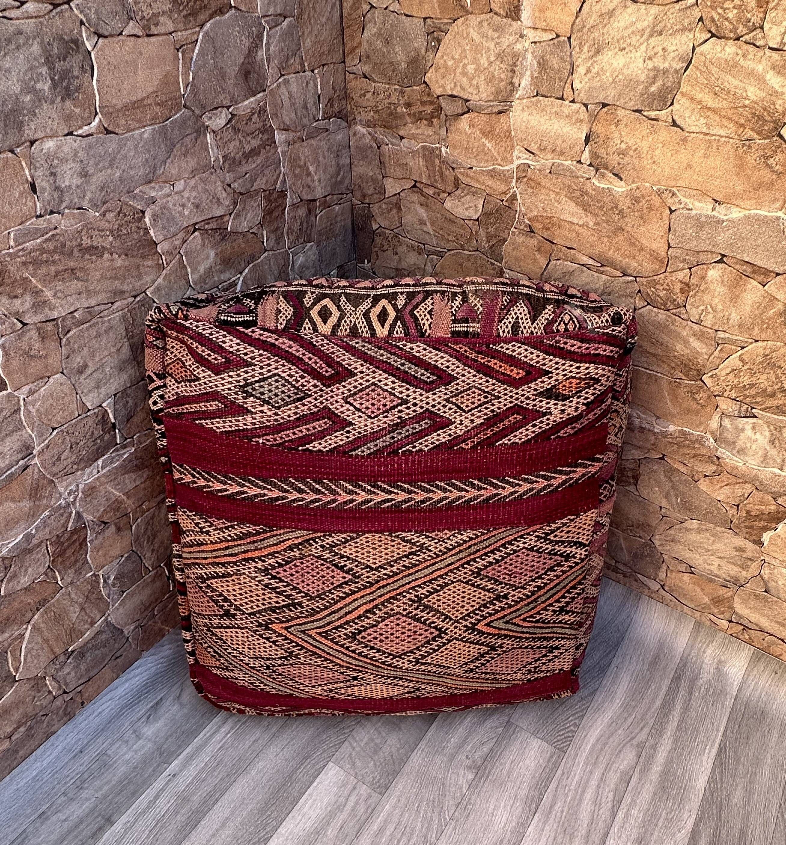 Outdoor Kilim Pouf - Moroccan Throw Pouf - Berber Ottoman Pouf - Oriental Pillow