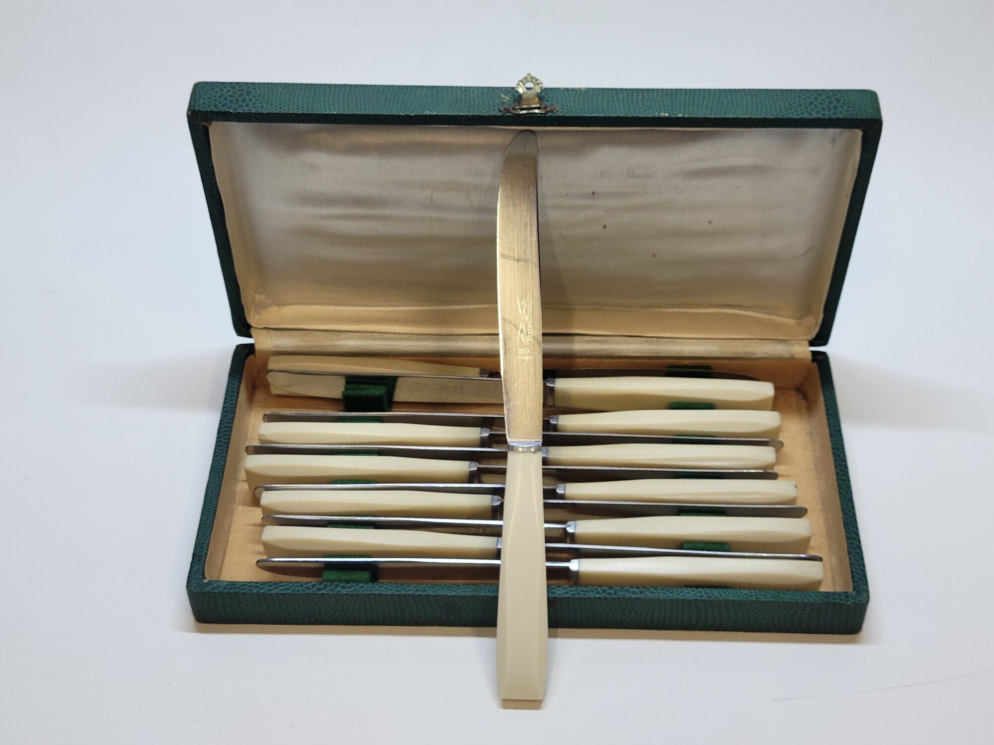Household box of 12 vintage stainless steel knives and unbreakable resin