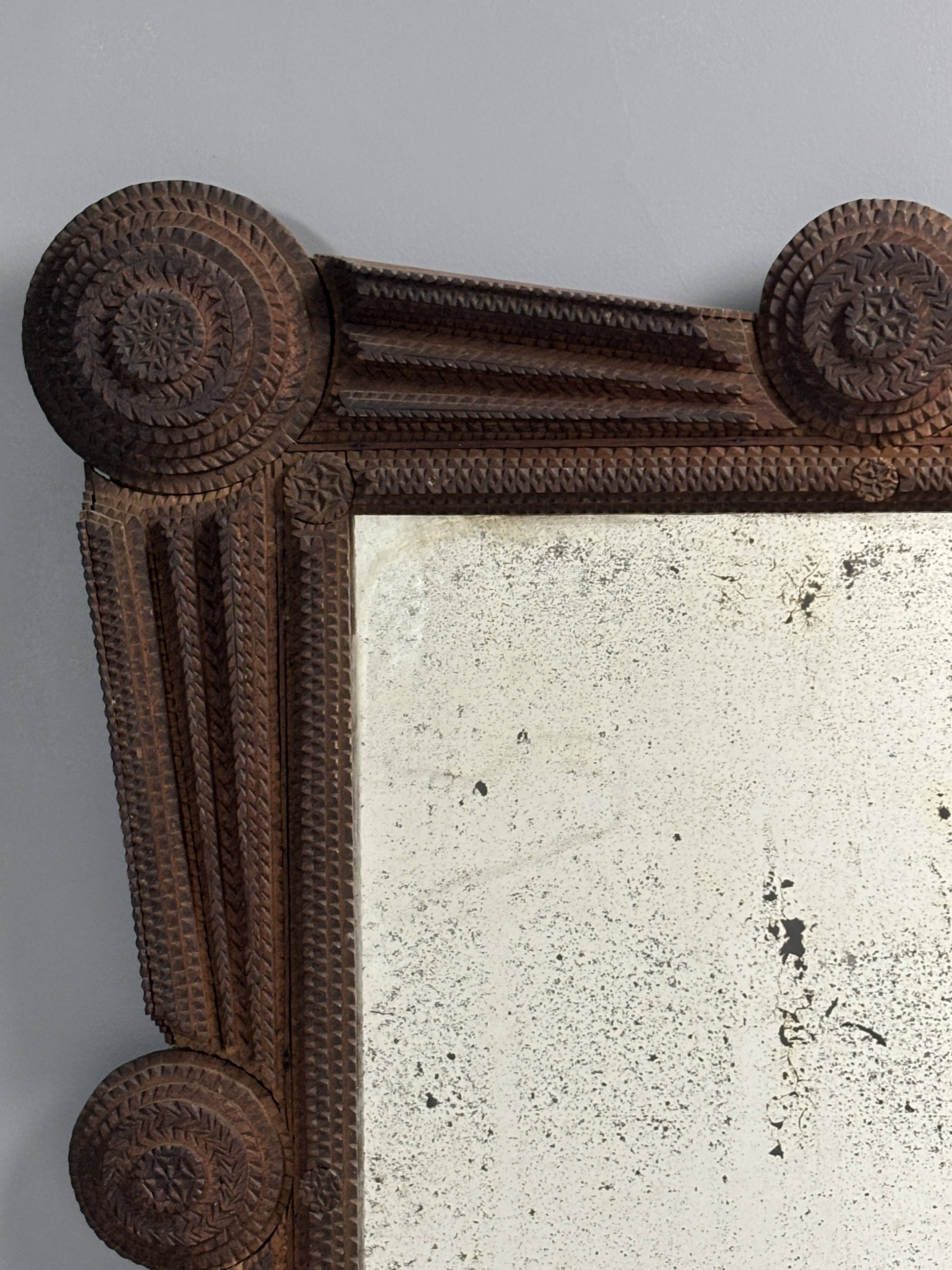 Antique tramp art folk art distressed mirror, Austria ca 1900s