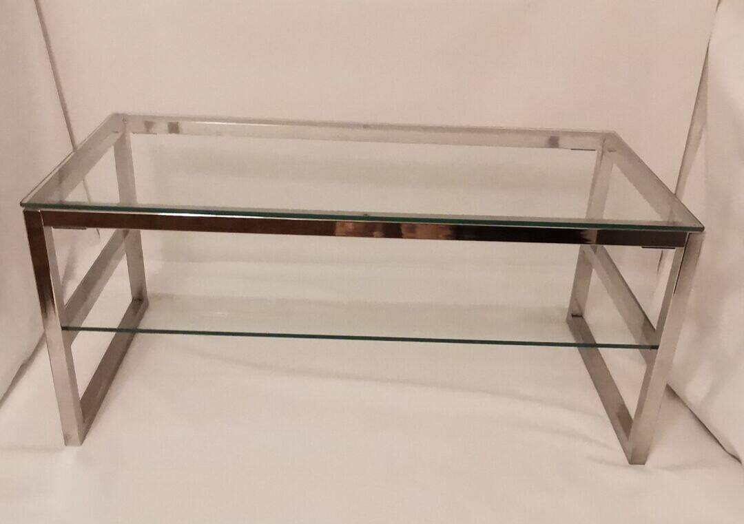 1980s coffee table with a double chrome metal top.