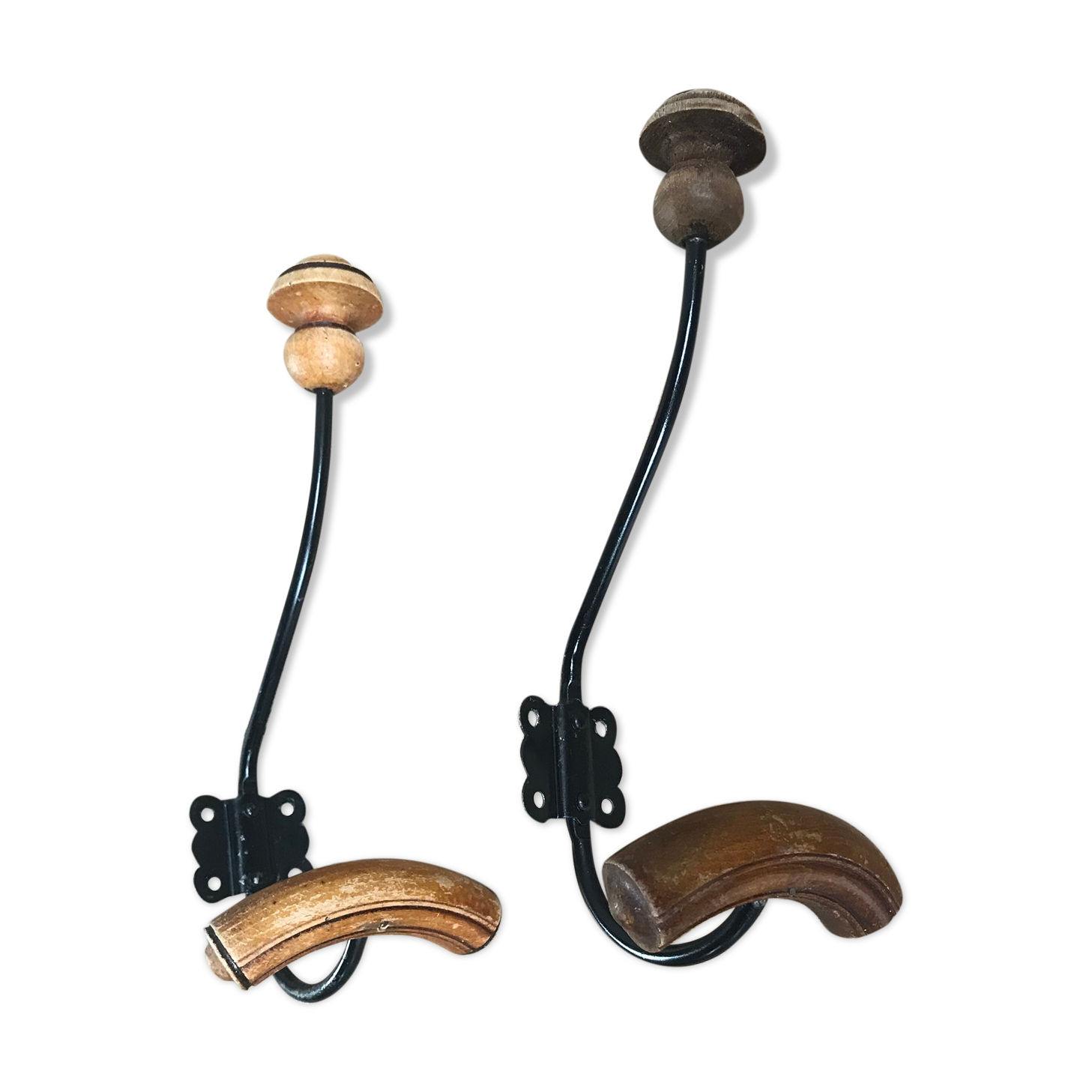 Pair of old wood and metal hooks
