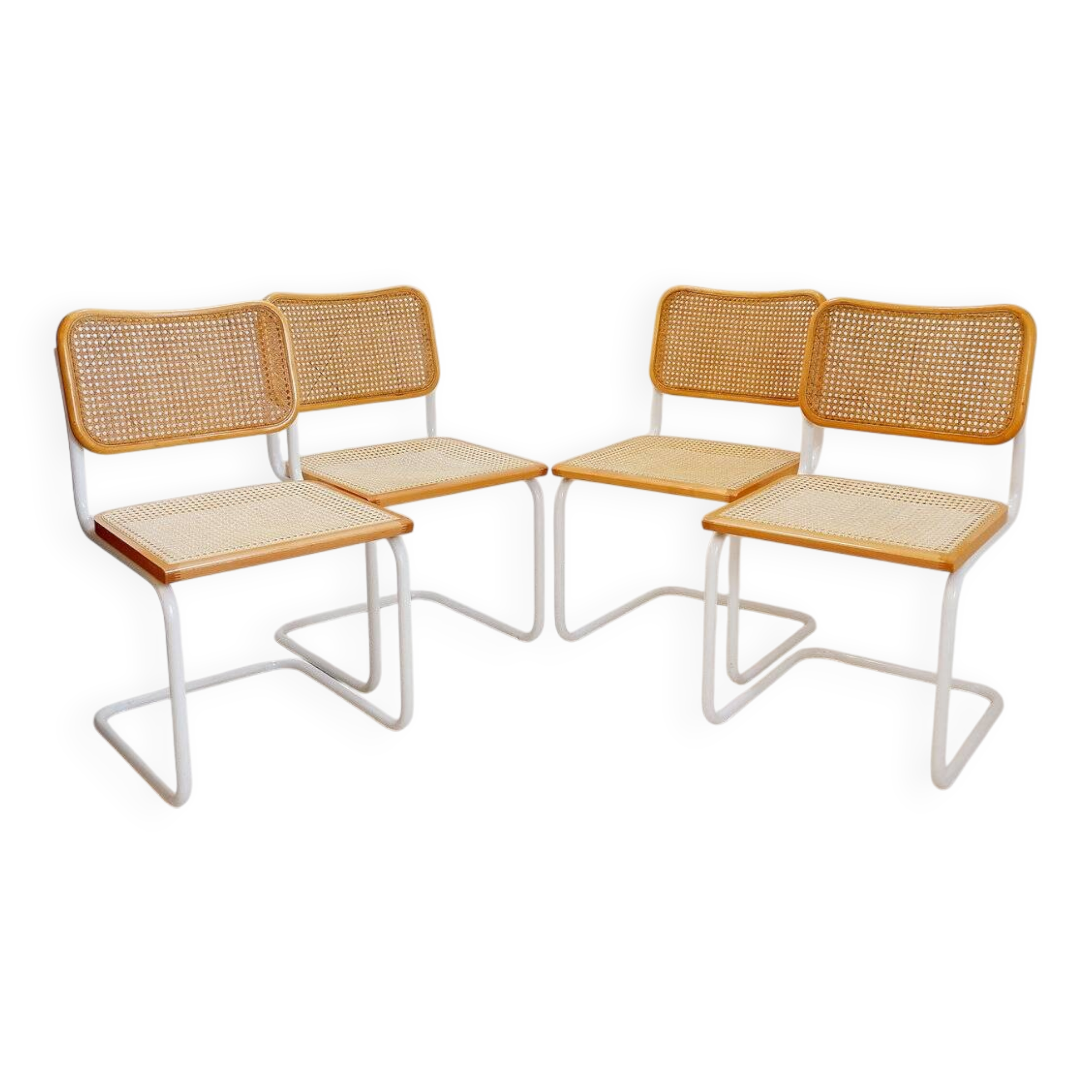 Set of 4 Italian rattan and white metal chairs