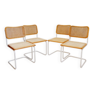 Set of 4 Italian rattan and white metal chairs