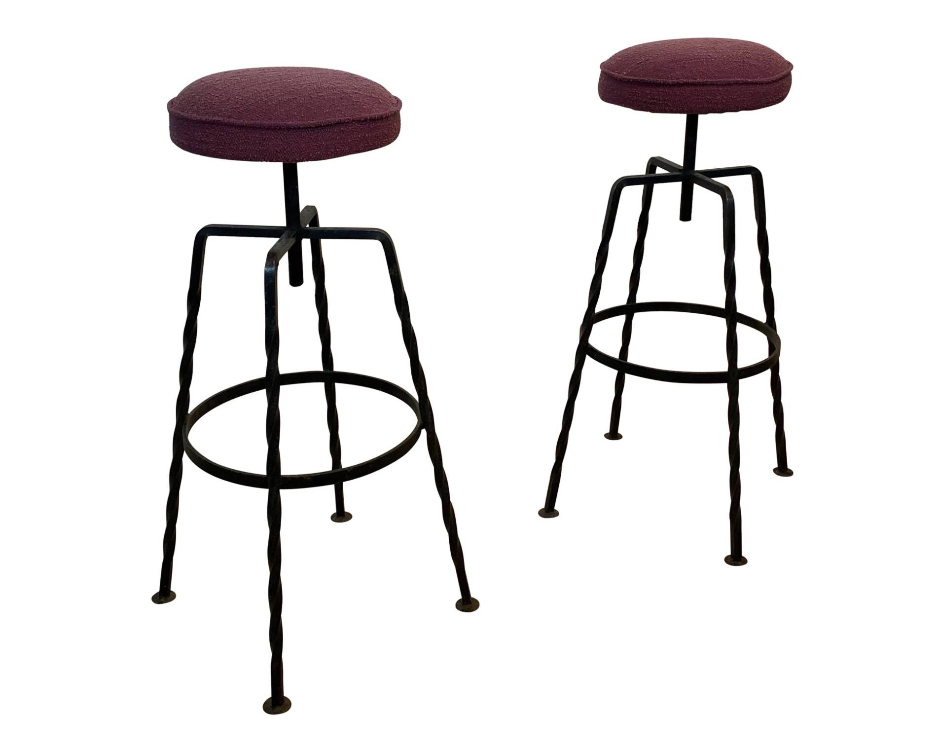 Pair Maroon Boucle Iron Swivel Bar Stools Midcentury Italian Vintage 1950s