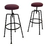 Pair Maroon Boucle Iron Swivel Bar Stools Midcentury Italian Vintage 1950s