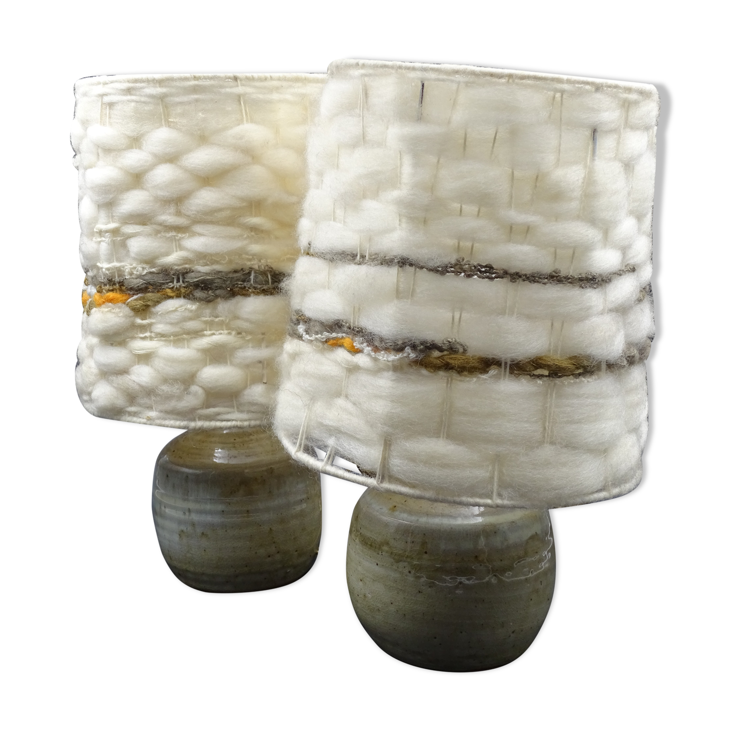 Pair of bedside lamps in stoneware and wool lampshades - Vintage around 1970
