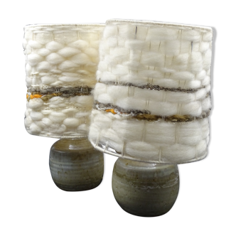 Pair of bedside lamps in stoneware and wool lampshades - Vintage around 1970