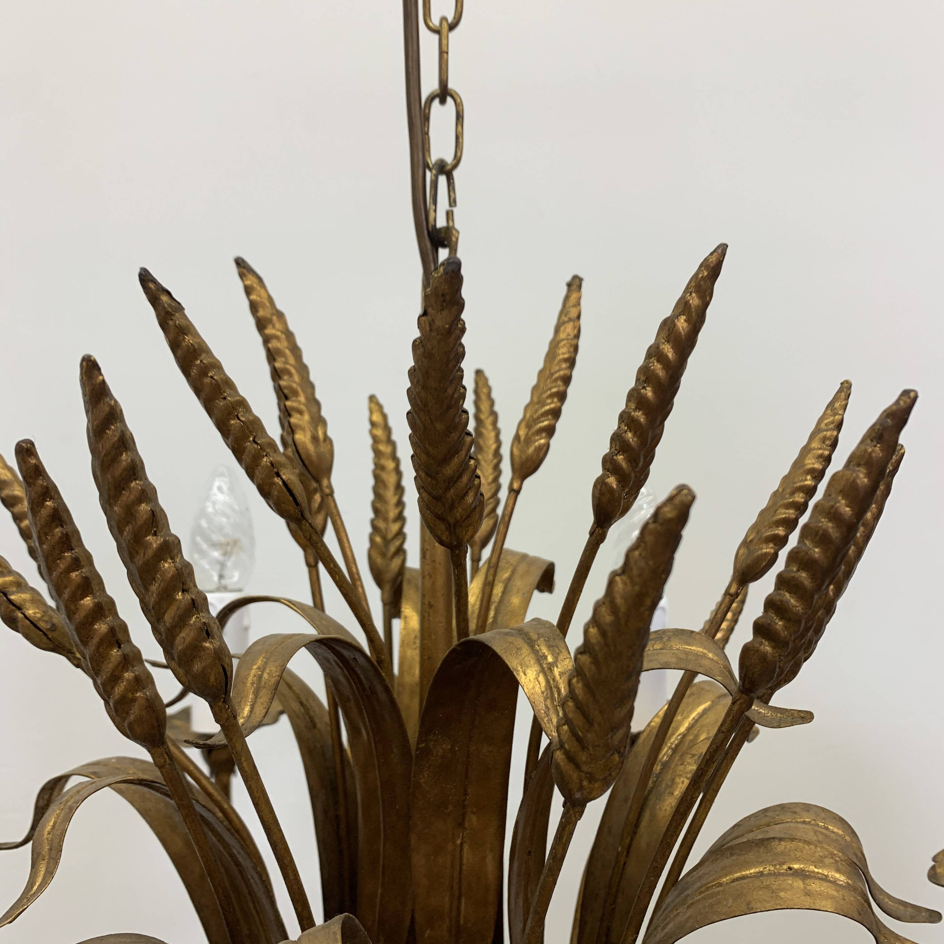 Large wheat sheaf leaf gold gilt chandelier, 1960’s