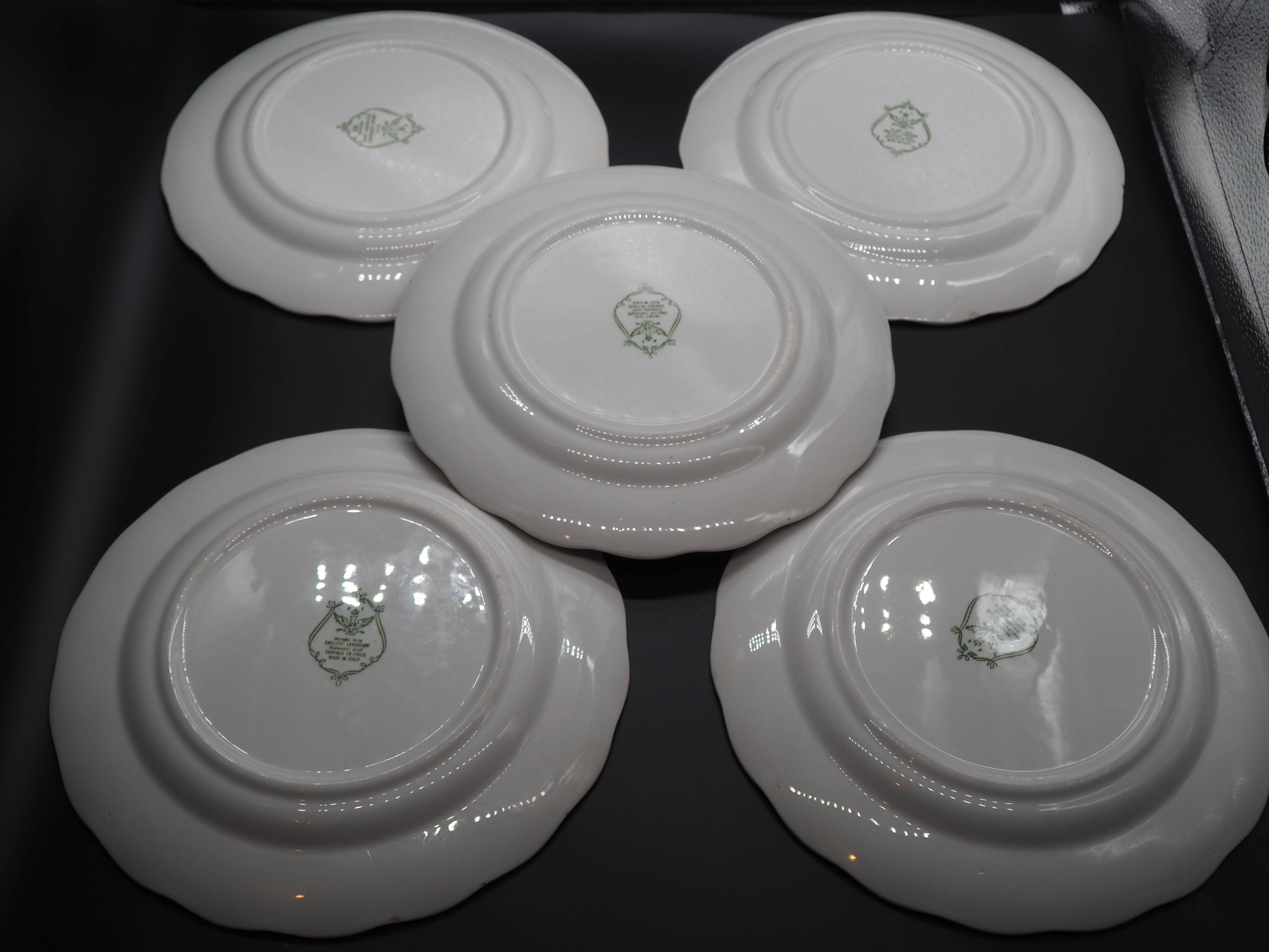 5 red English Landscape pattern dinner plates