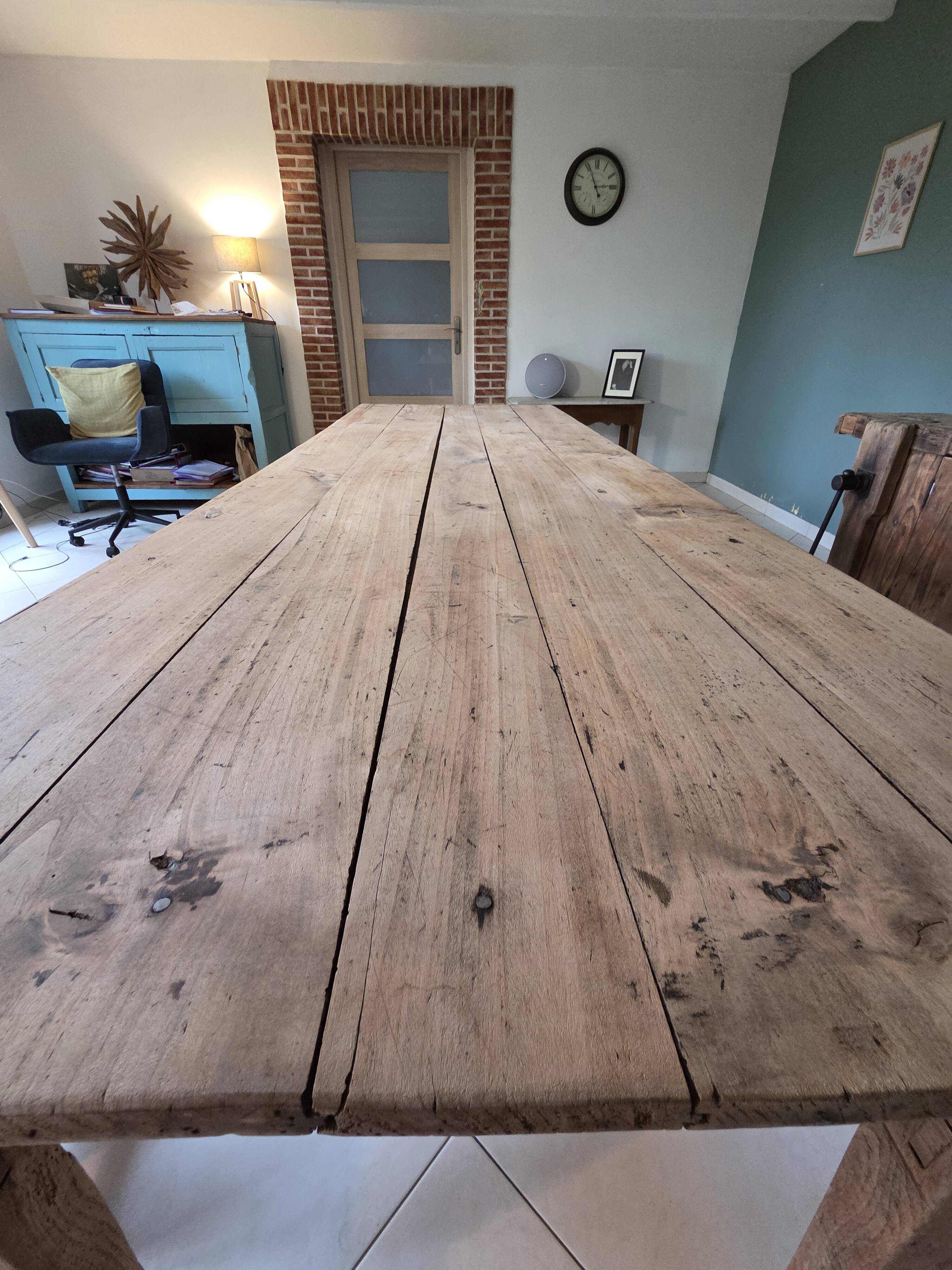 Solid pine farmhouse table and its bench - 19th century - Authentic patina