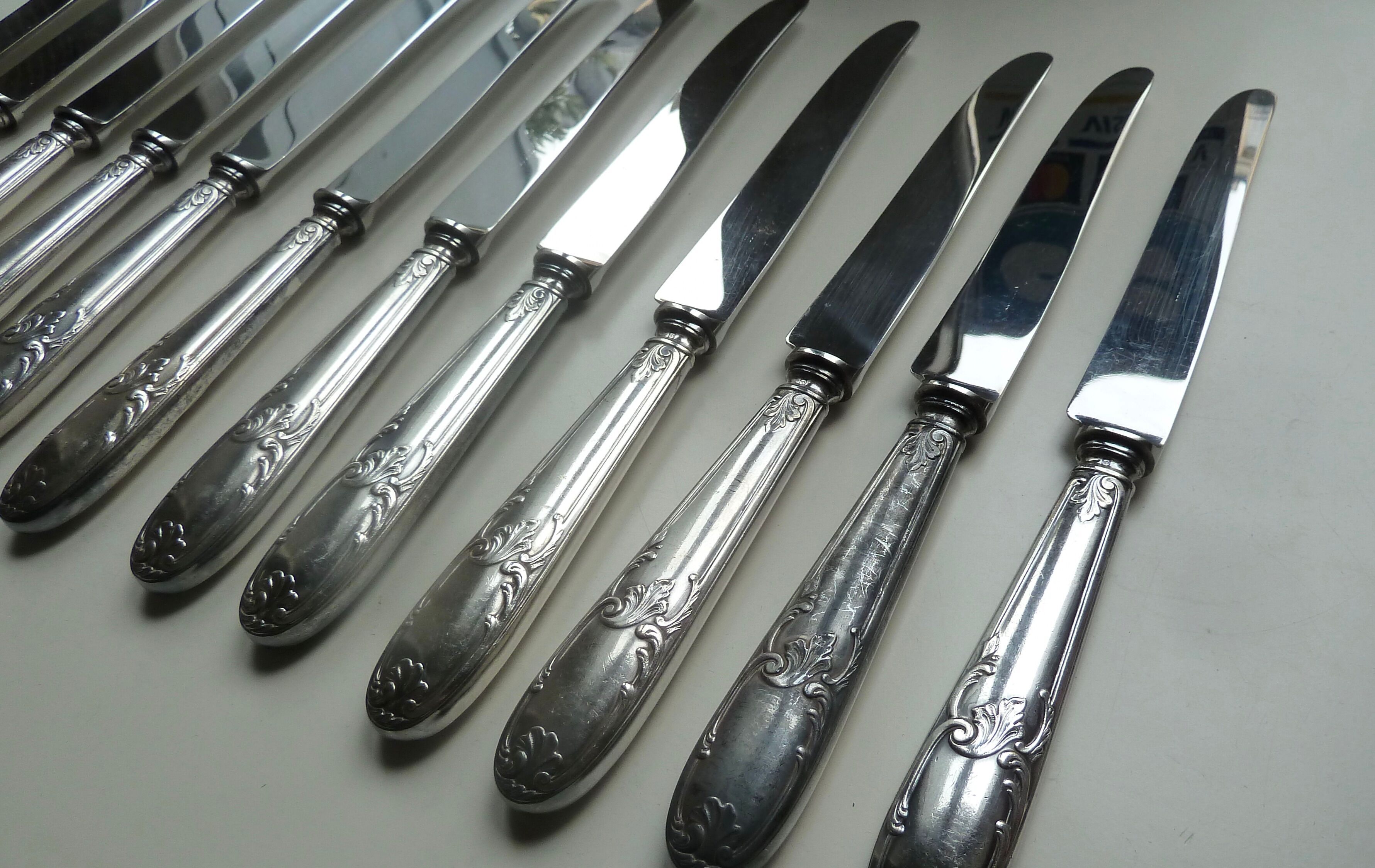 Lot 12 old large silver metal knives Rex covered silver metal floral