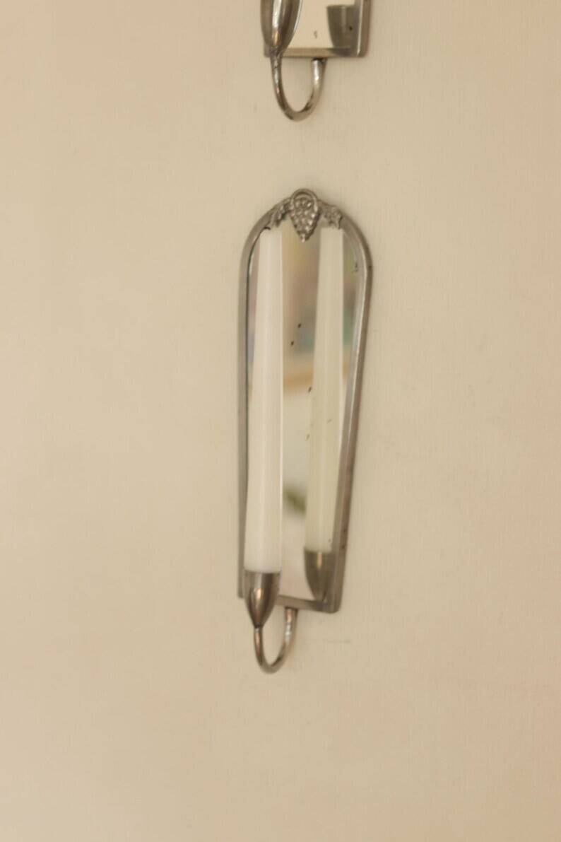 Pair of Mid Century Swedish Pewter Sconces with Mirror