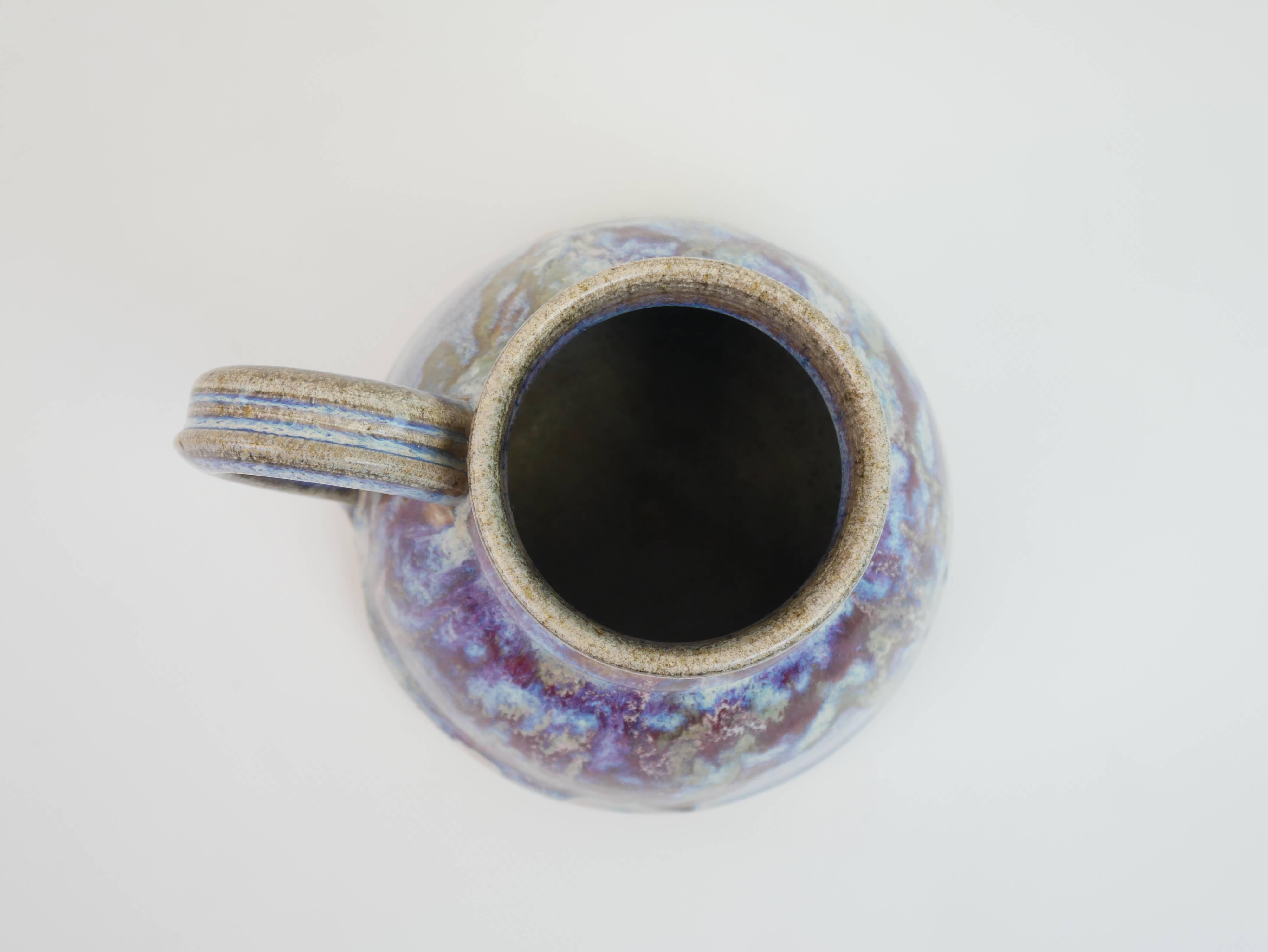 signed blue purple enamel ceramic pitcher