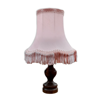 Bedside lamp / to put foot dark wood, pink lampshade with stripe and fringes, old