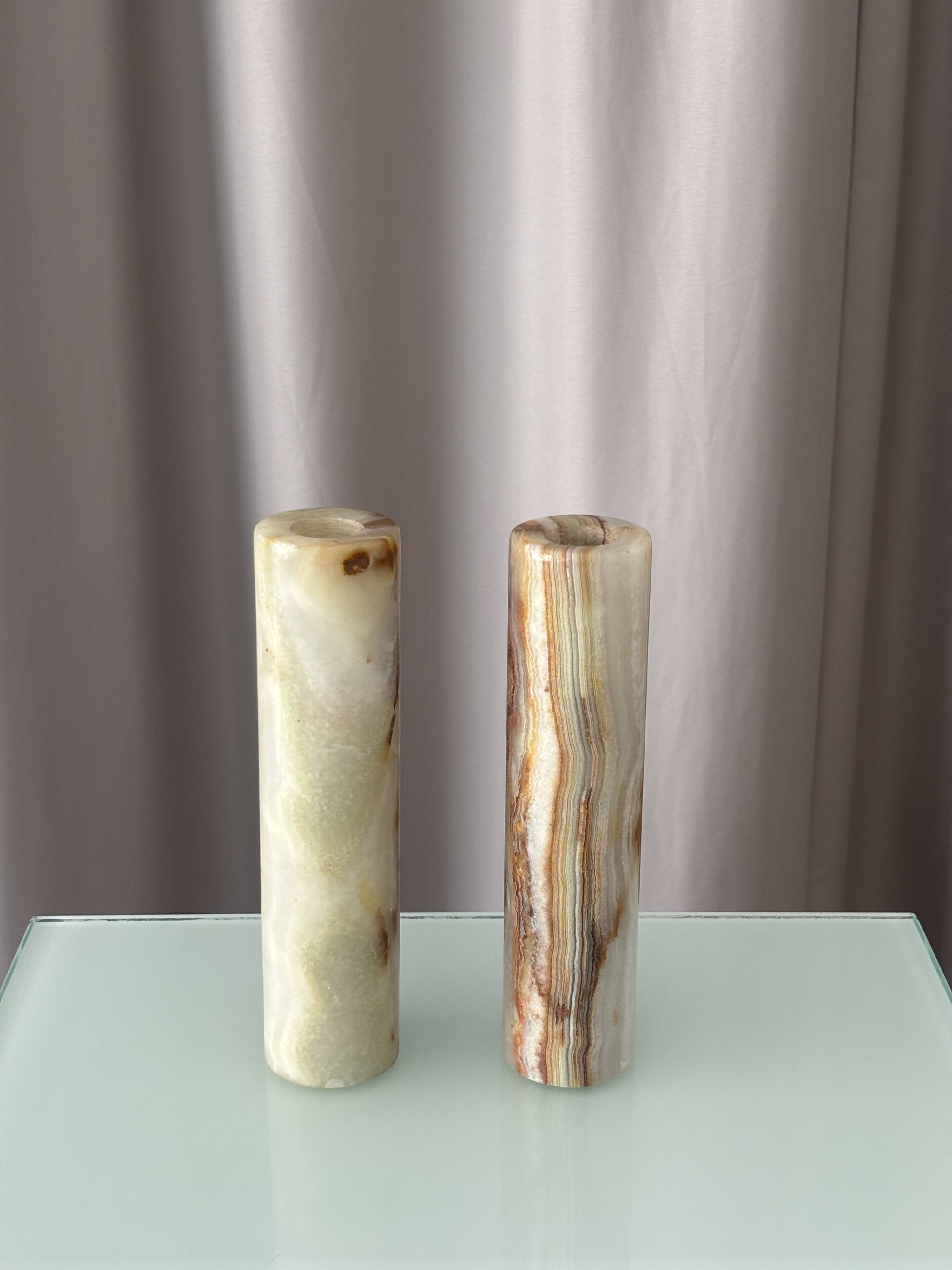 Vintage Alabaster Bud Vases / Candlesticks – Pair – Italian Stone – 20 cm