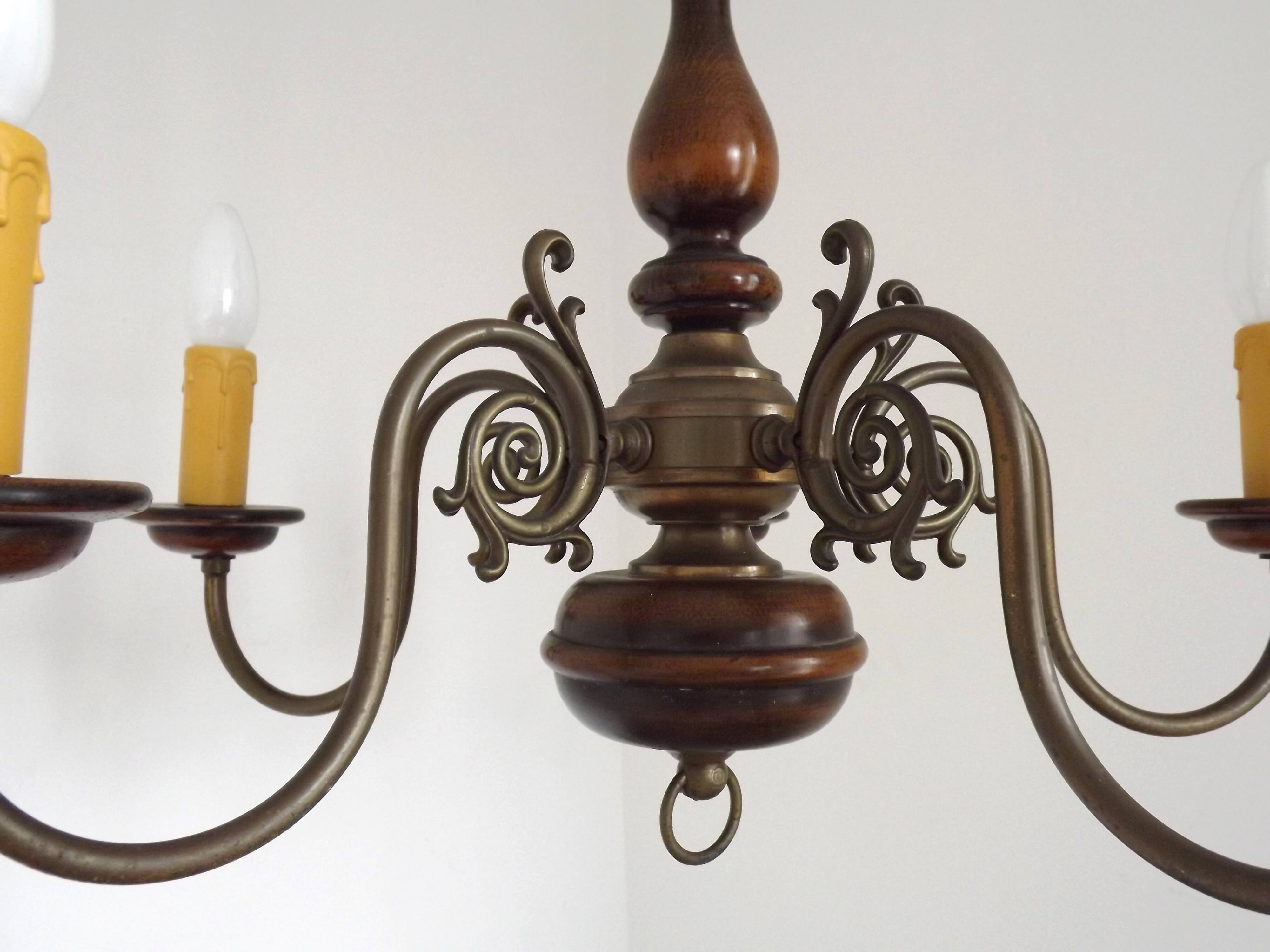French Vintage 5 Light Mid Century Chandelier in Wood, Bronze and Metal 5525