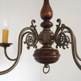 French Vintage 5 Light Mid Century Chandelier in Wood, Bronze and Metal 5525