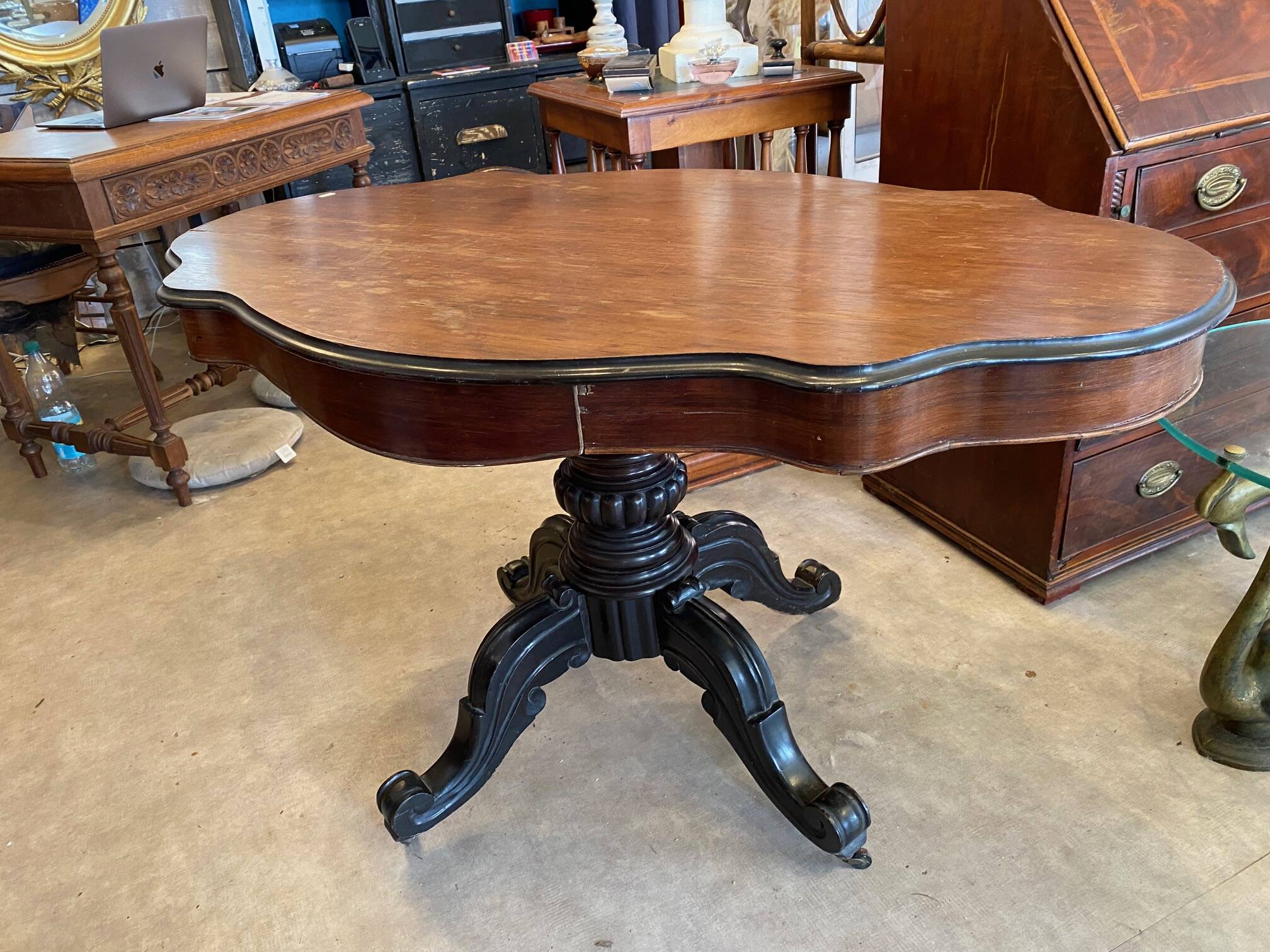 napoleon iii violin table mahogany top with drawers legs with castors