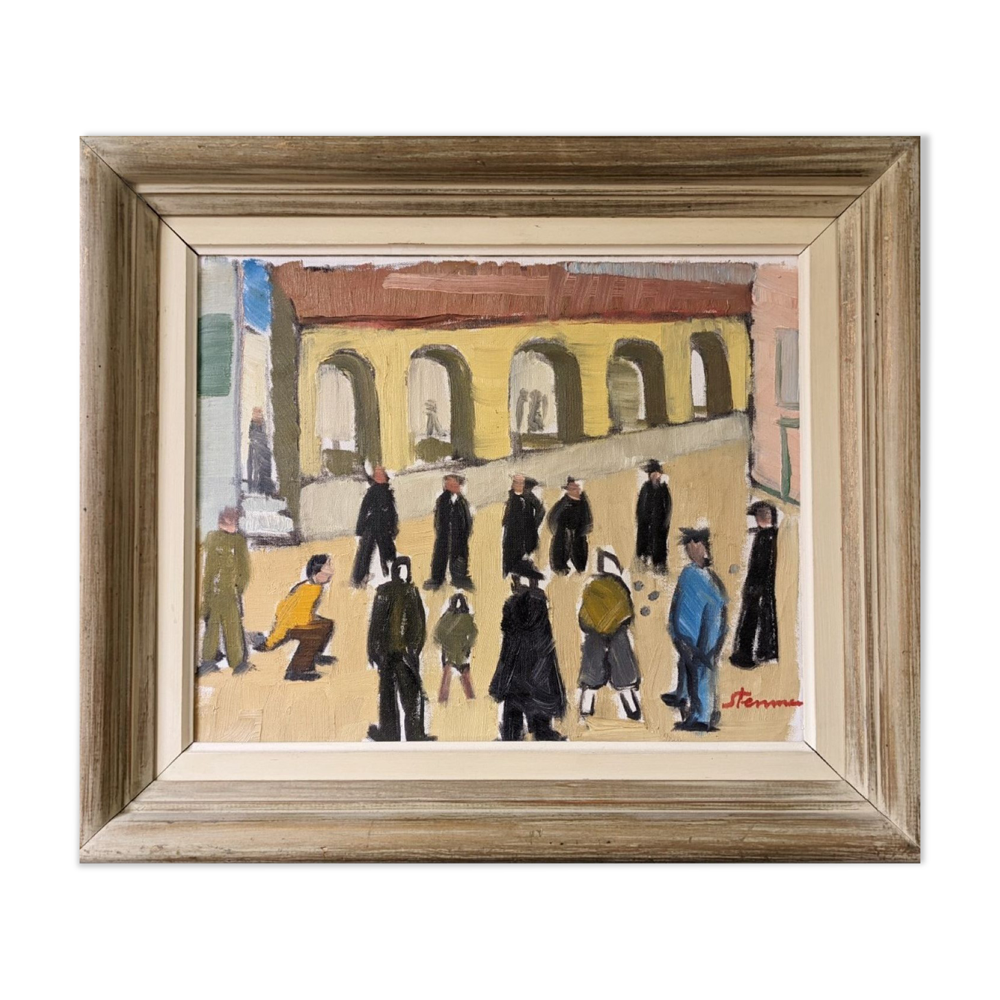 Mid-Century Modern Swedish Oil Painting "A Game of Petanque" Vintage Figurative Street Scene, Framed