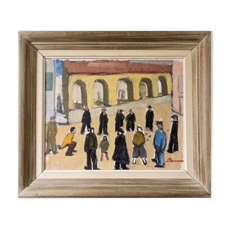 Peinture à l’huile suédoise moderne du milieu du siècle « Un jeu de pétanque » Scène de rue figurative vintage, encadrée