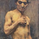Oil on panel by Alain Beaufreton academic nude male