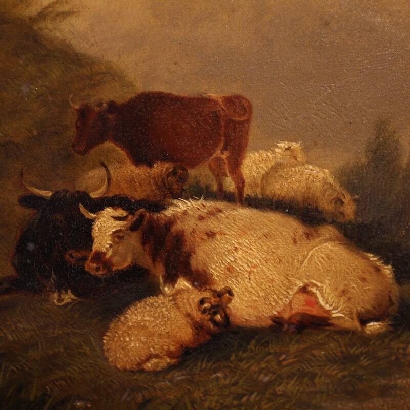 Peinture anglaise antique d'une scène de genre rural datée de 1866
