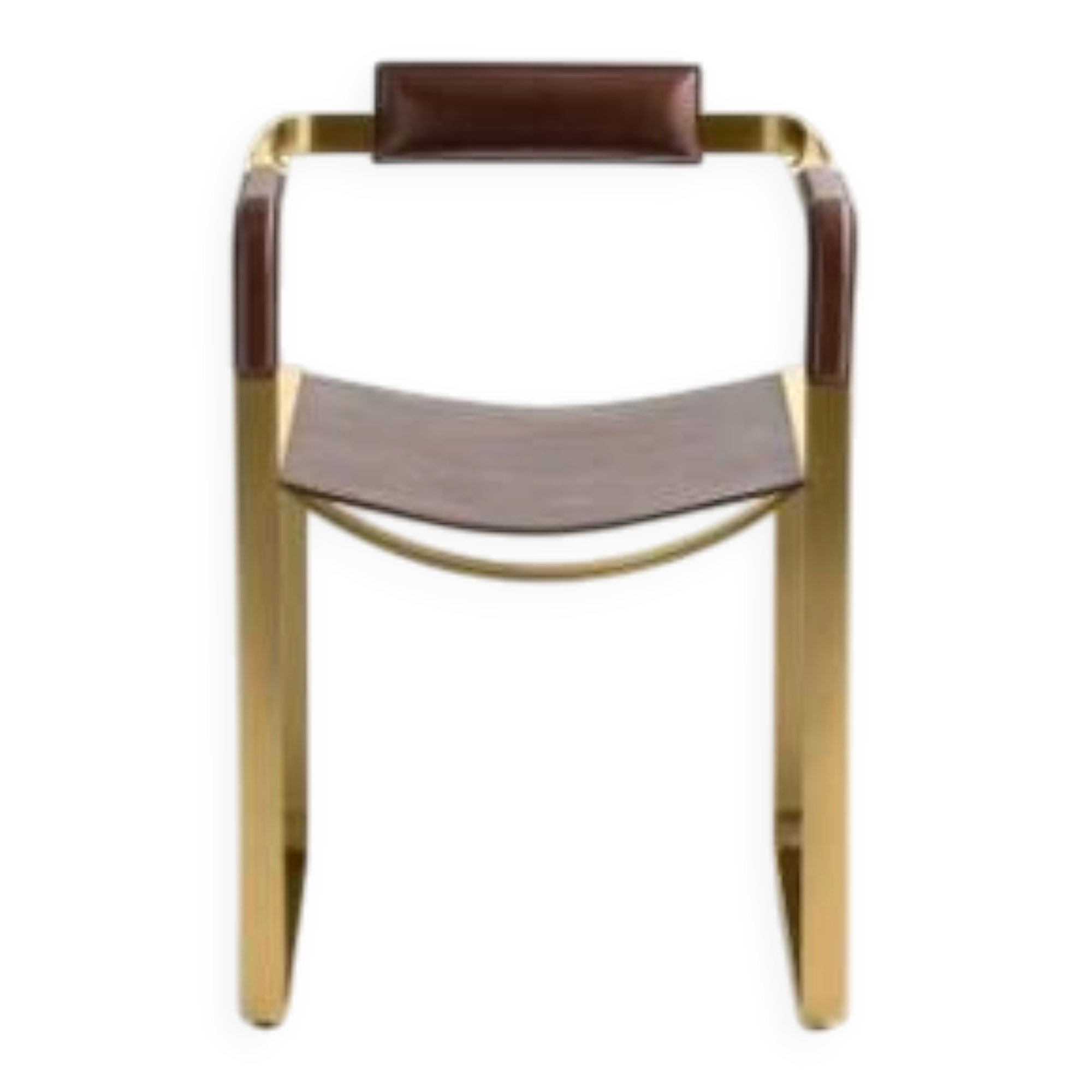 Armchair, aged brass steel and dark brown leather upholstery, contemporary style.