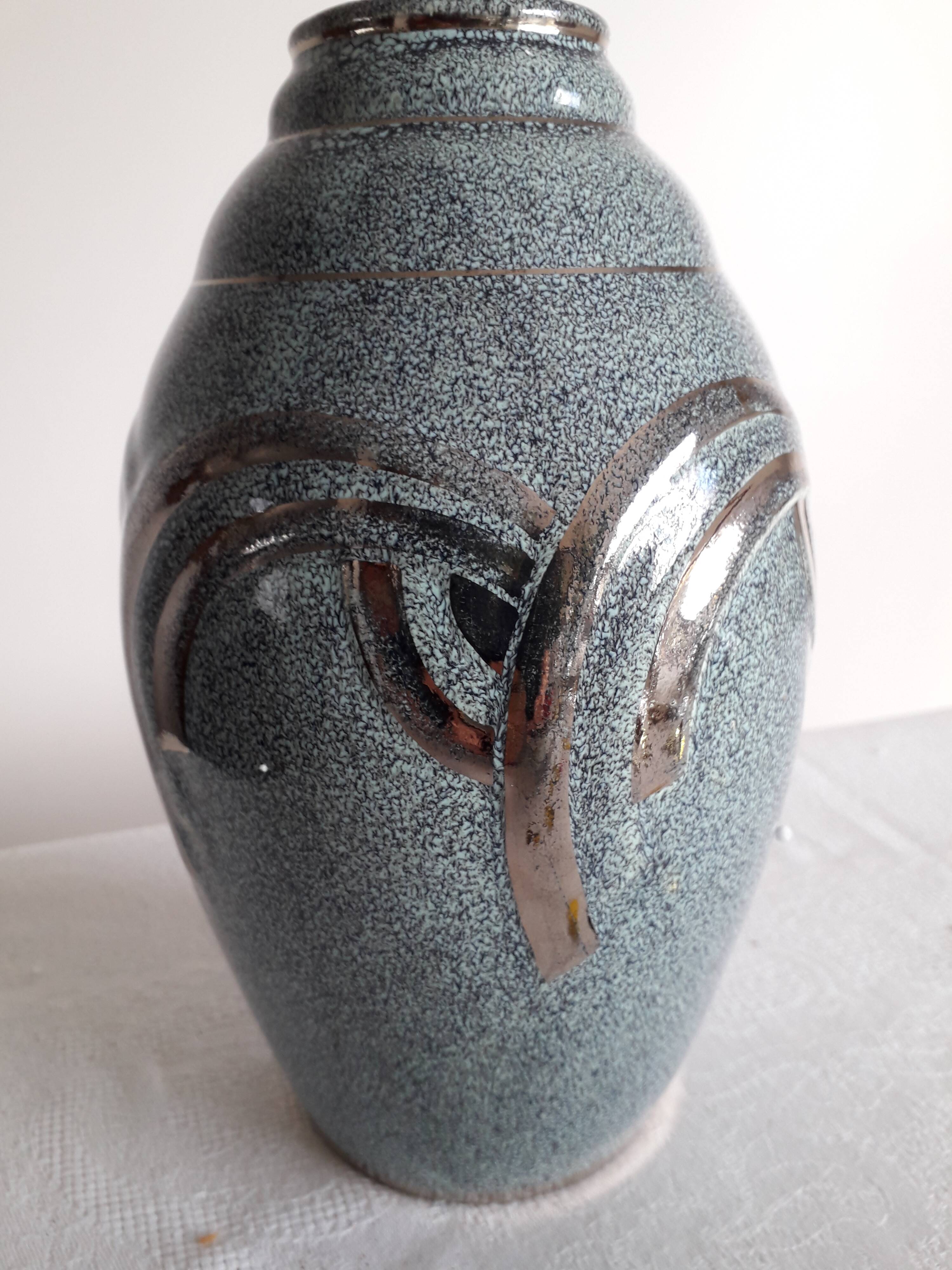 Platinum art deco enamelled ceramic ovoid vase