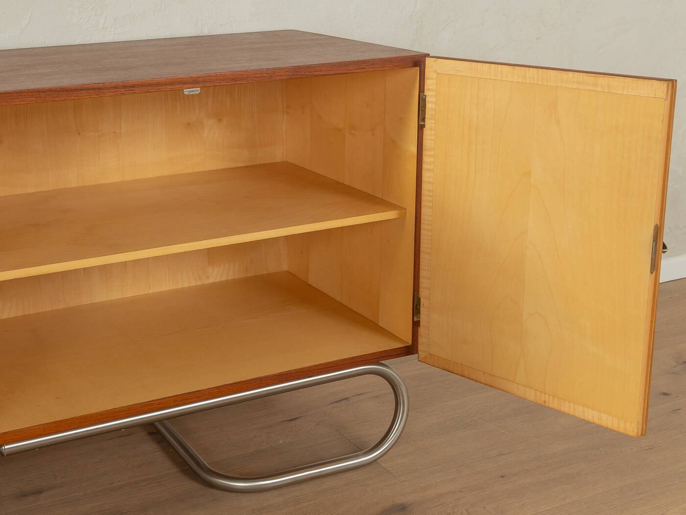 Classic sideboard from the 1960s, teak veneer, black doors, Bauhaus stainless steel feet