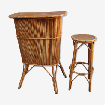 Vintage rattan bar and stool