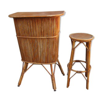 Vintage rattan bar and stool