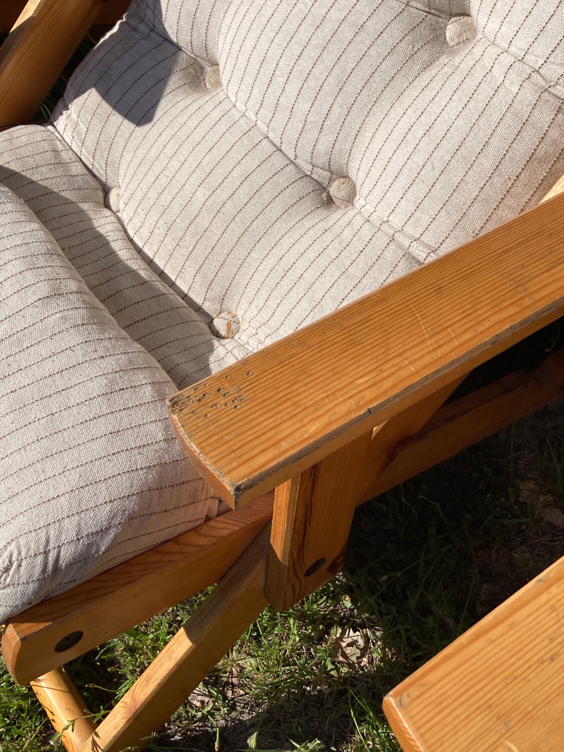4 garden armchairs 1970 in pine and beige fabric
