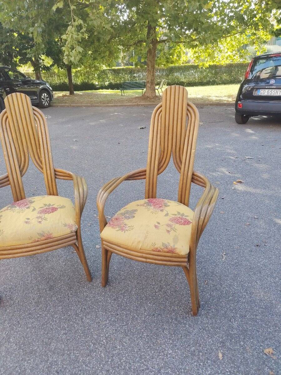 Pair of 1970s Italian design armchairs, made of bent bamboo.