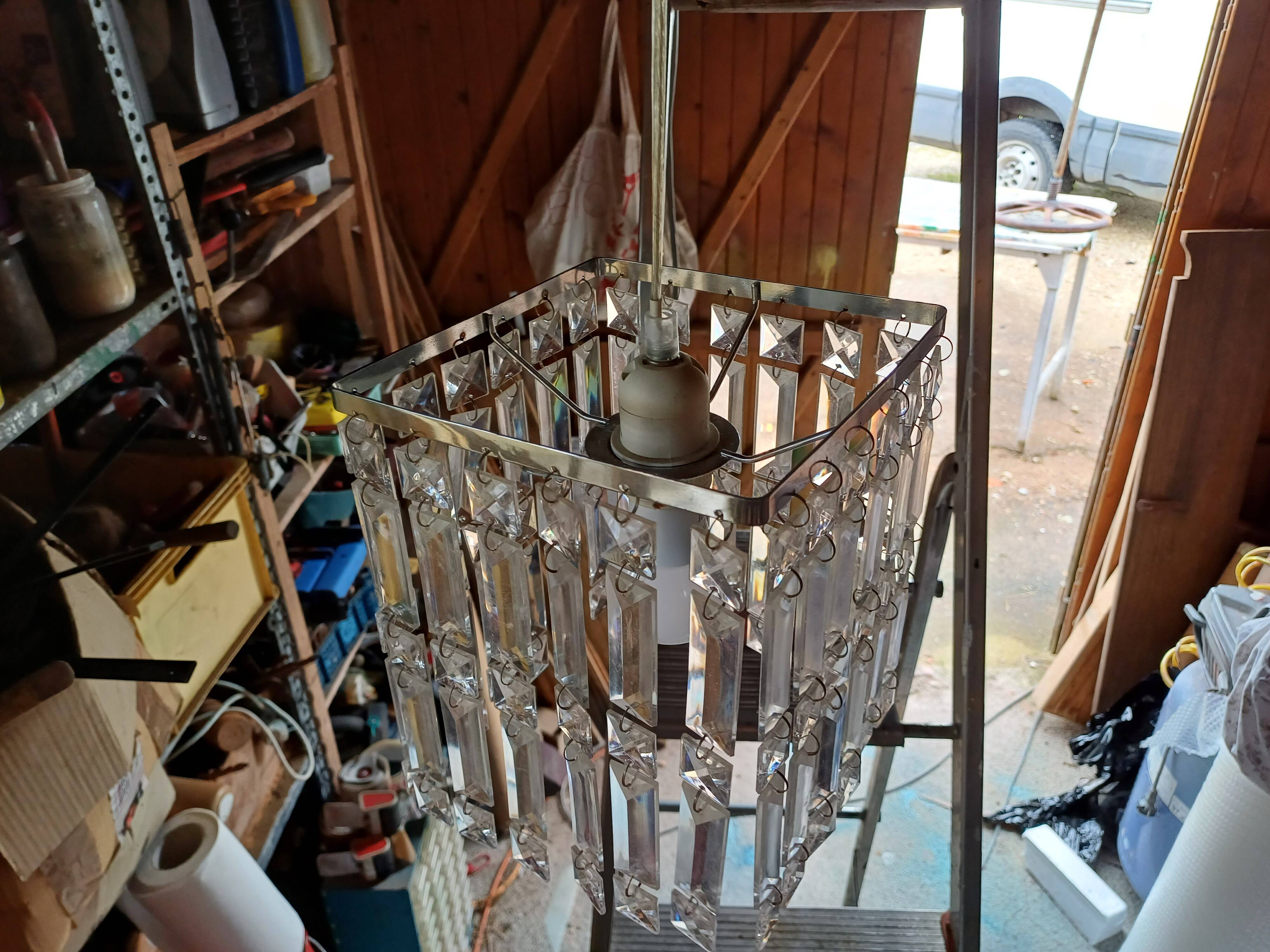 Vintage Chrome Chandelier and Transparent Plastic Pendants