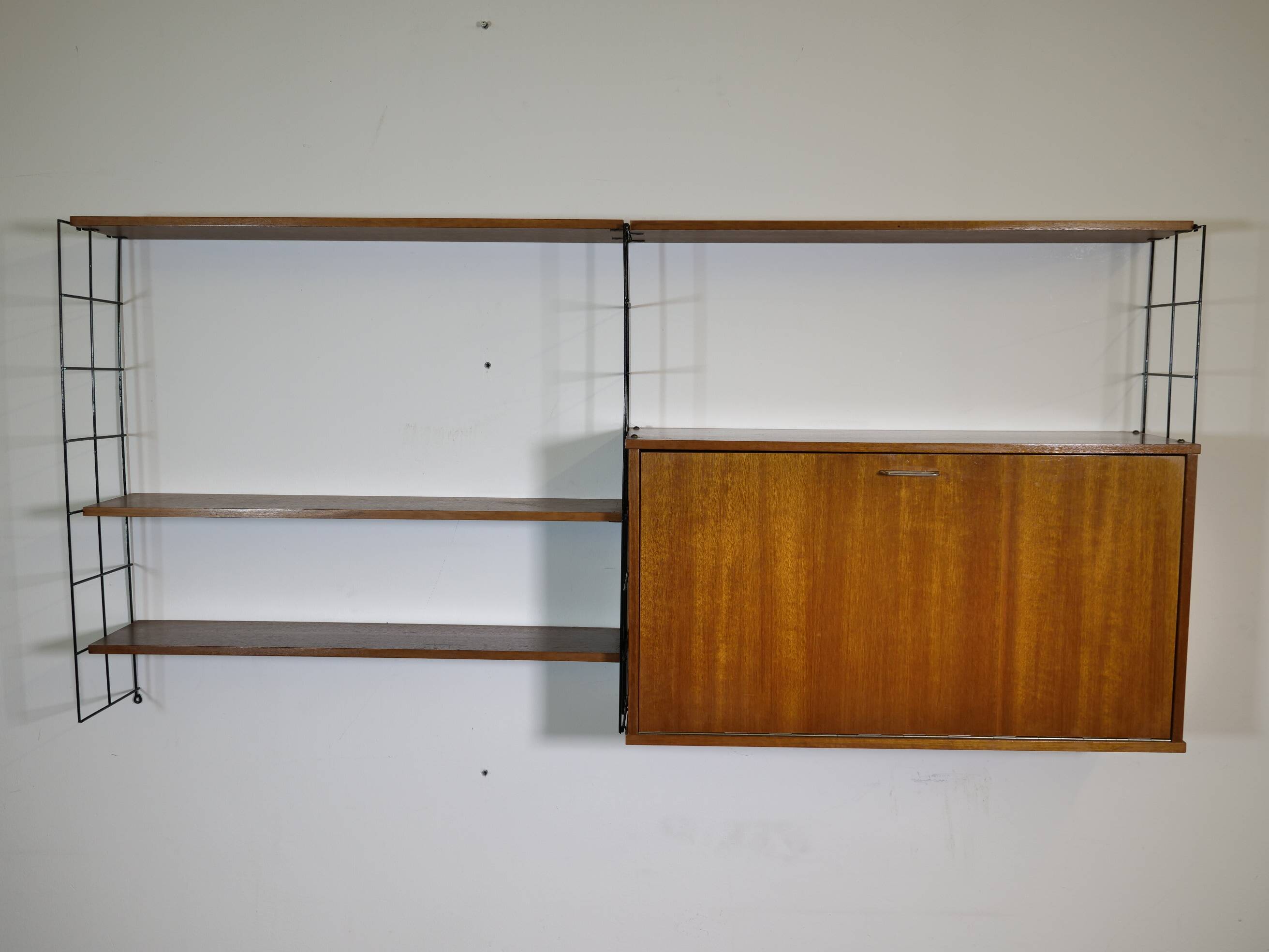 Mid Century String Shelving Unit in Teak with Secretary Cabinet, 1960s