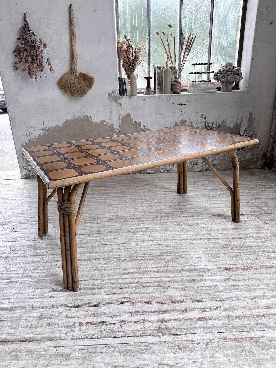 1950s rattan table with ceramic top