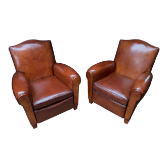 Pair of french leather club chairs, 'chapeau du gendarme' models 1930