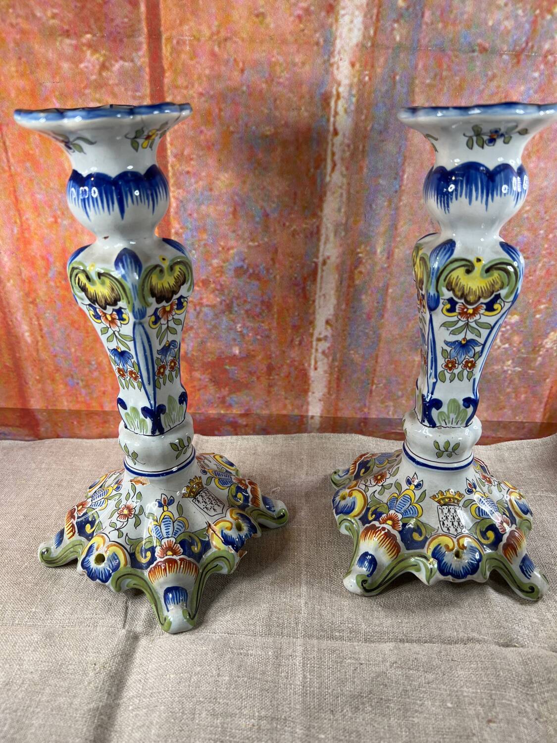 Pair of Desvres earthenware candlesticks
