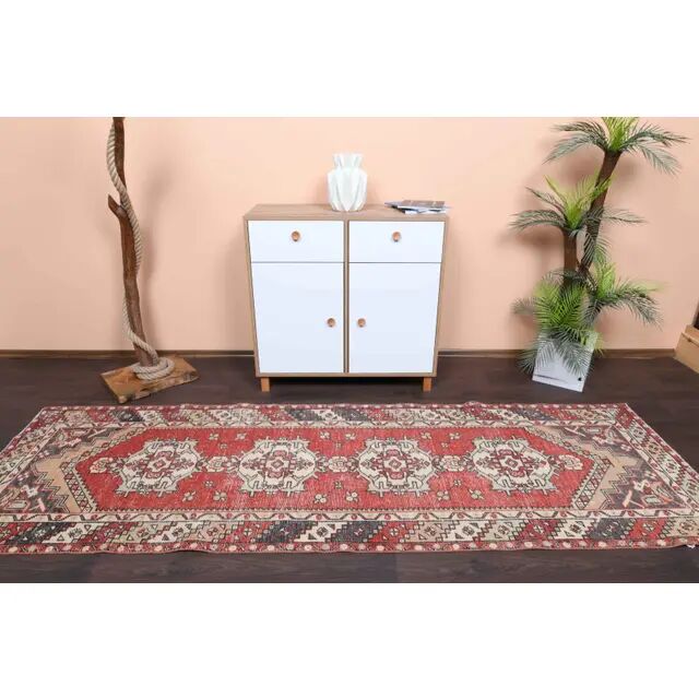 Vintage Turkish Oushak Handmade Wool Cotton Red Runner 95x301