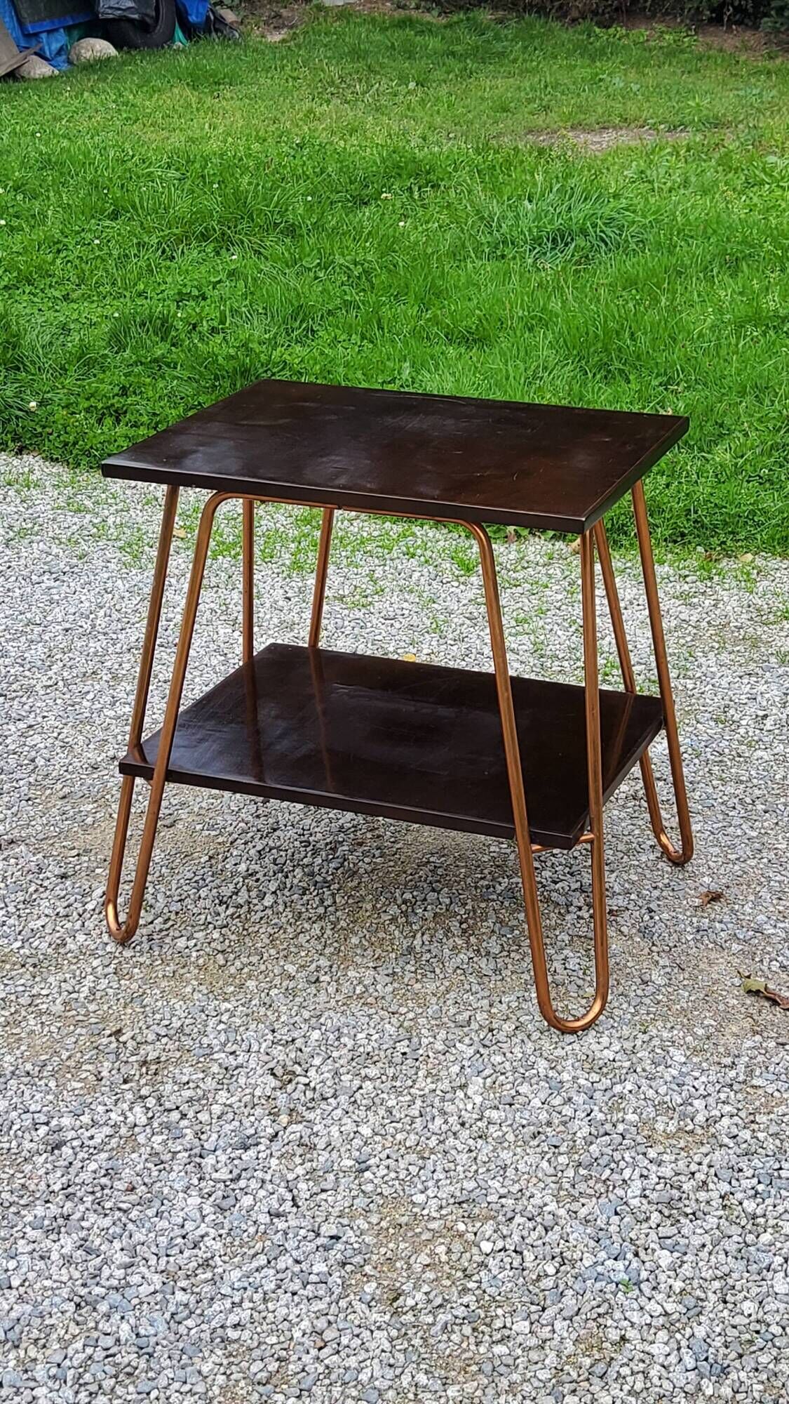 Vintage double wooden side table with copper base from the 50s