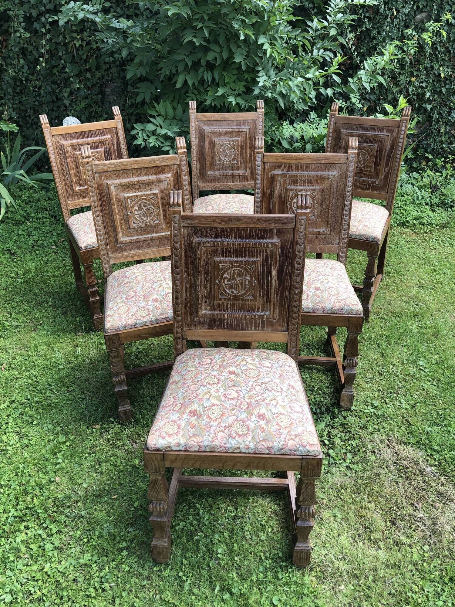 Series of 6 Chairs Neo Basque Wood Carved Cross Basque + Assise Fabric Vintage
