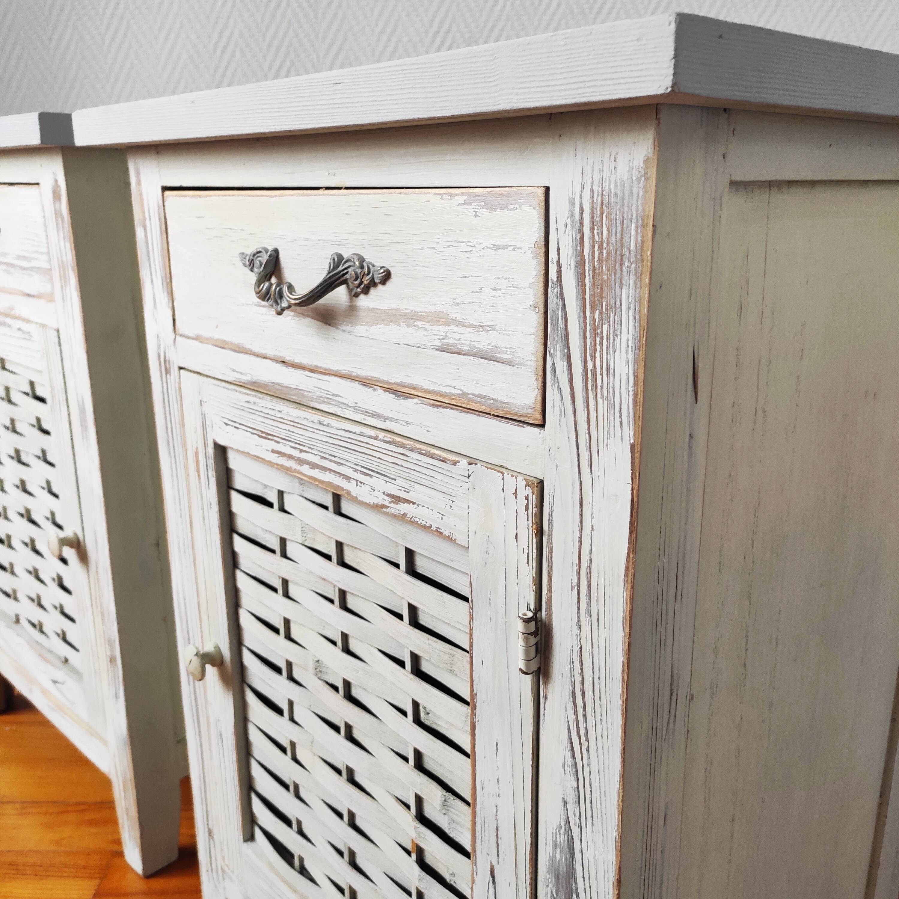 Pair of patinated bedside tables and end tables