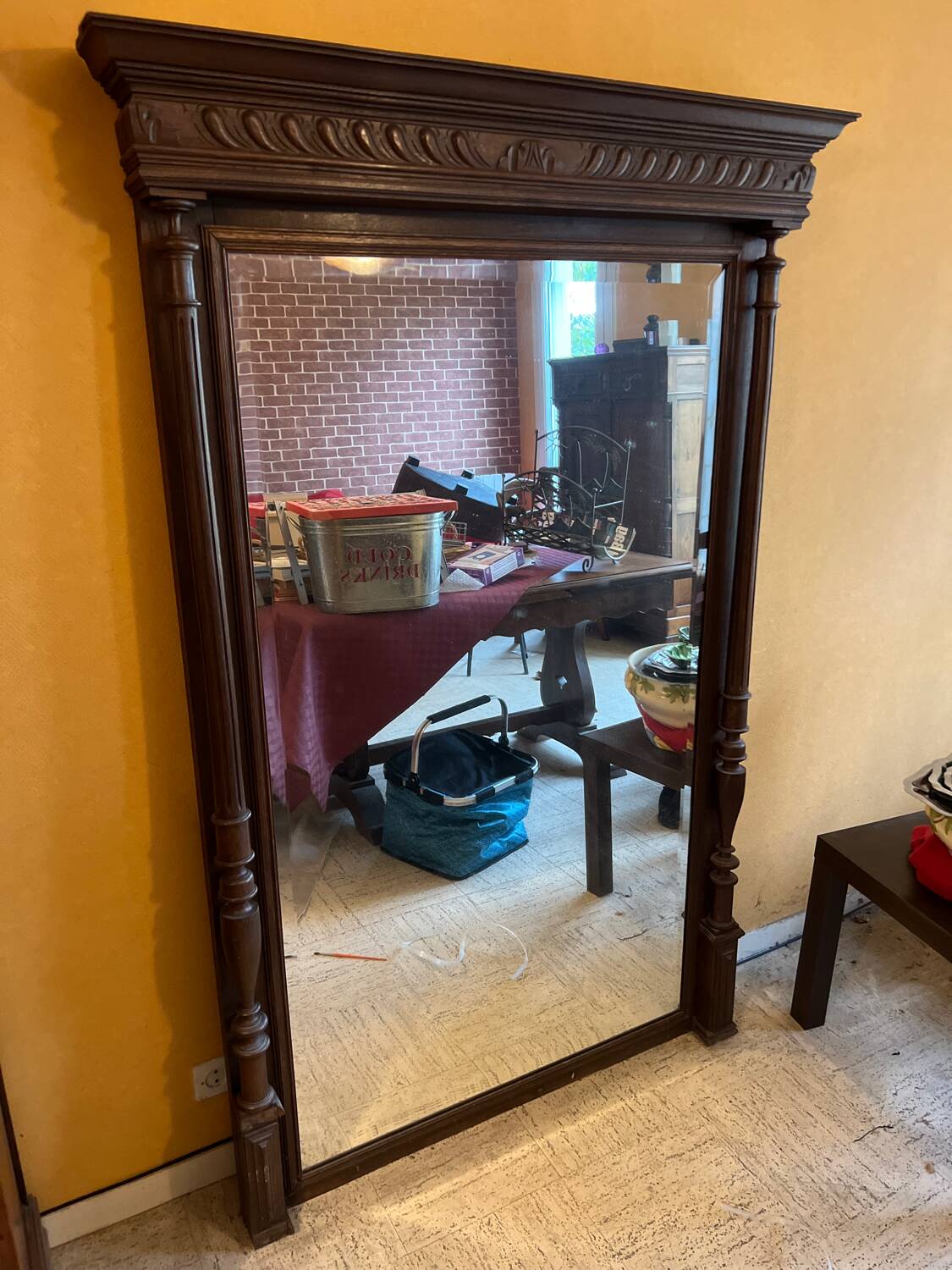 Large old solid oak trumeau mirror