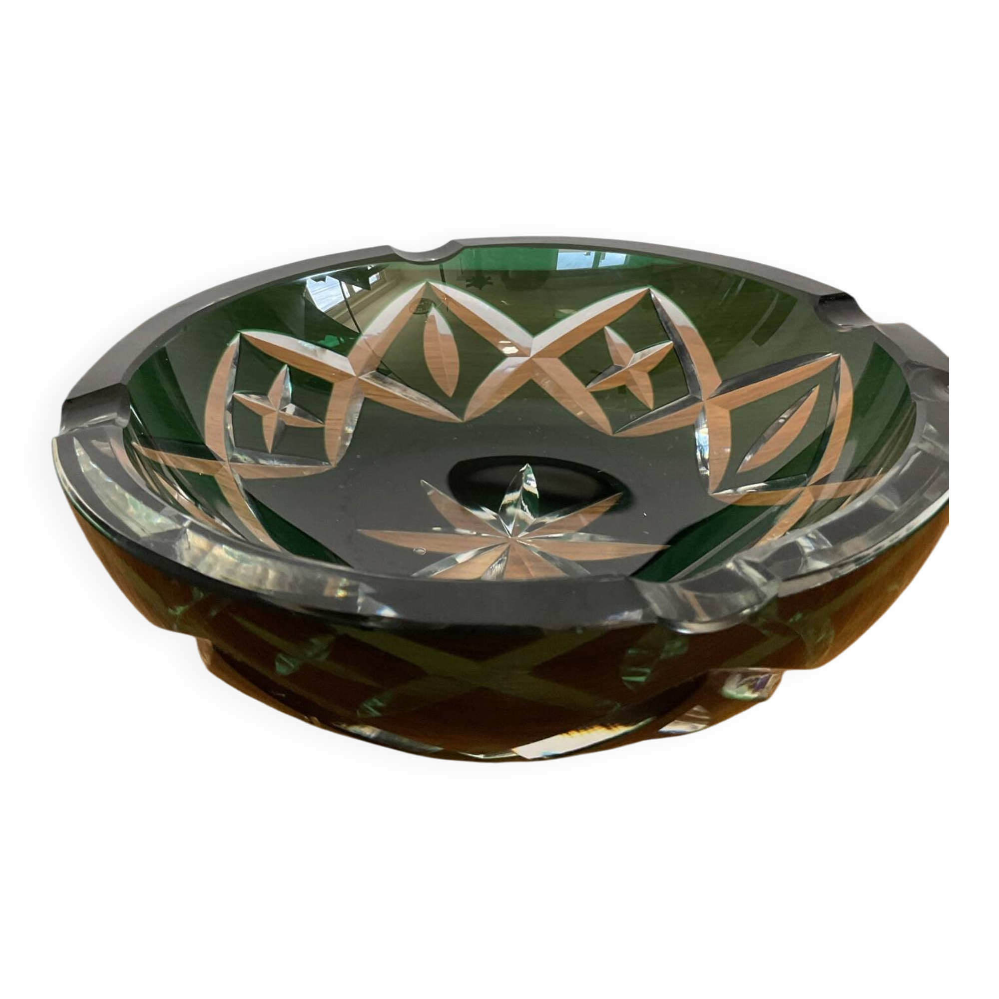Cendrier en cristal taillé Overlay vert des années 60-70