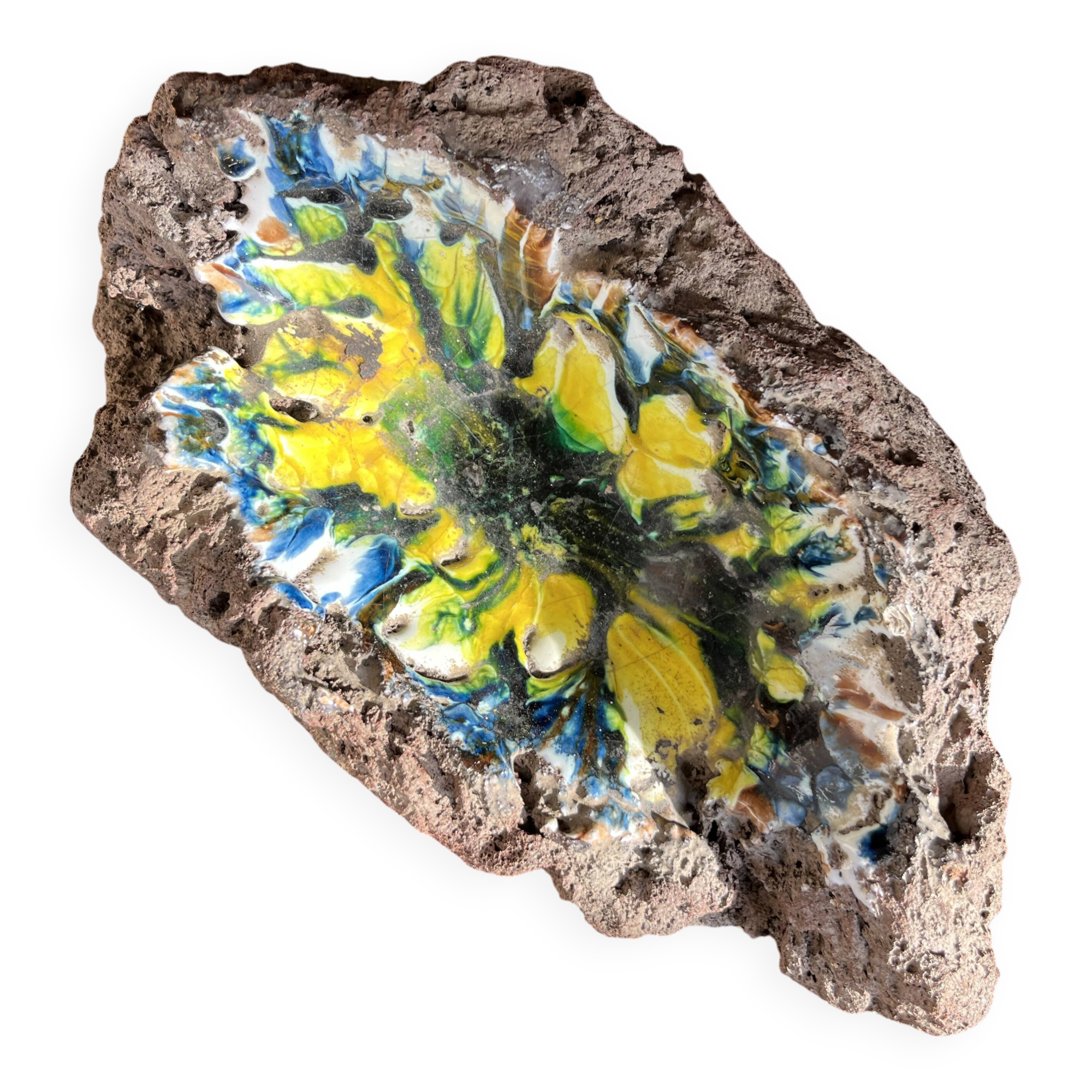 Brutalist vintage enameled volcanic lava trinket dish