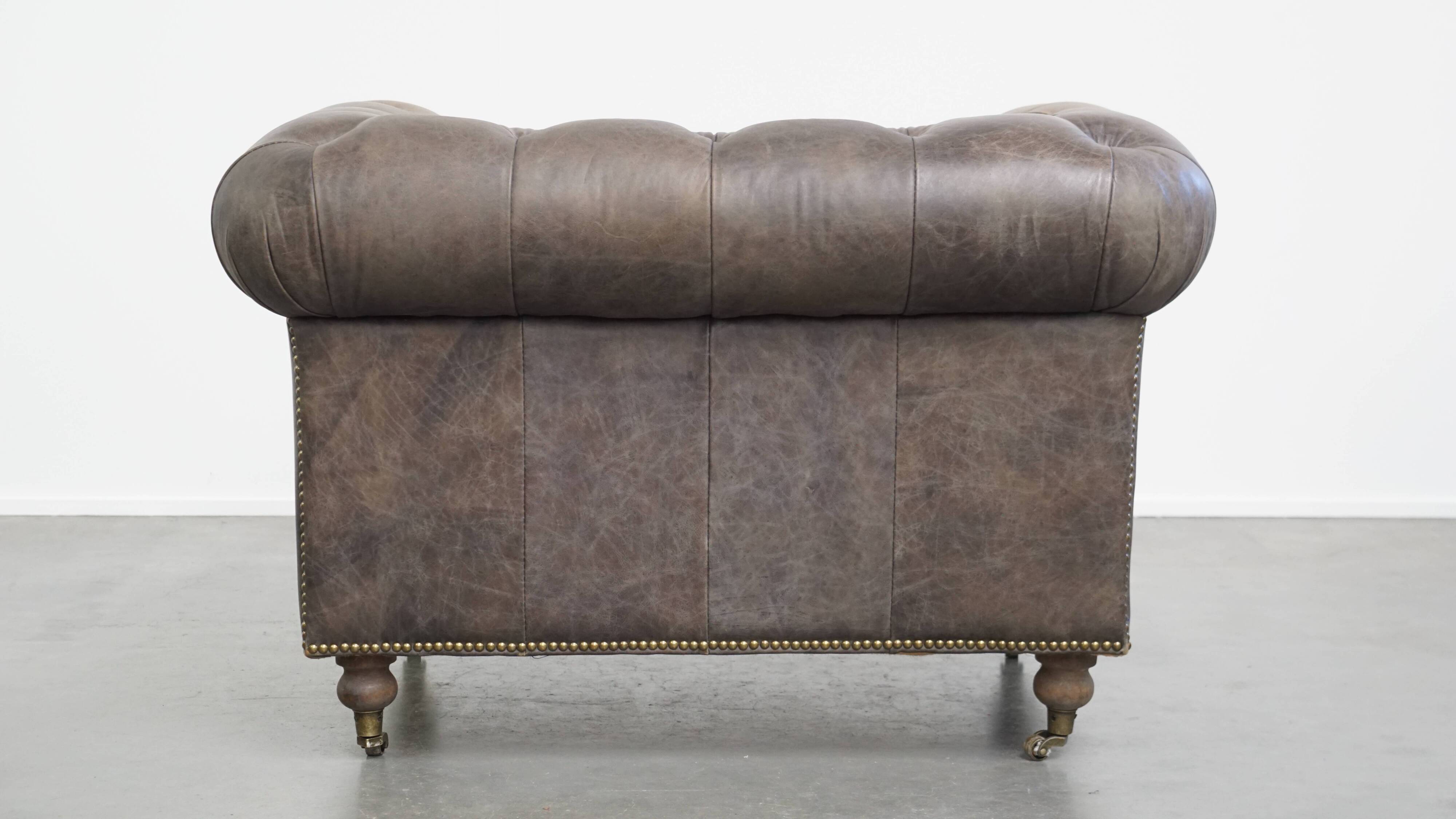 Grey Cowhide Leather Chesterfield Club Armchair in English Style on Casters