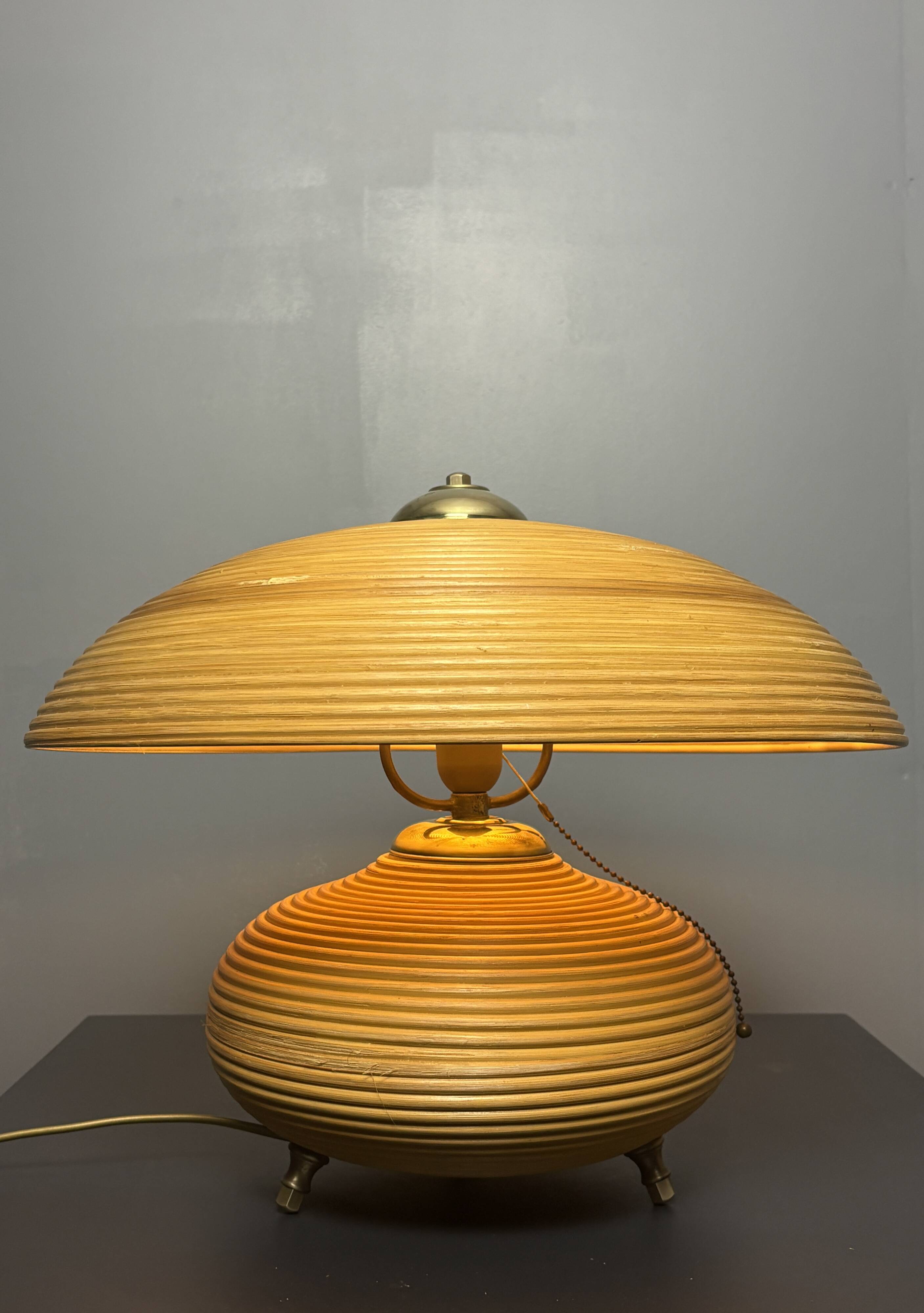 Pencil Reed Rattan Bamboo and Brass Mushroom Table Lamp, Italy, 1970s