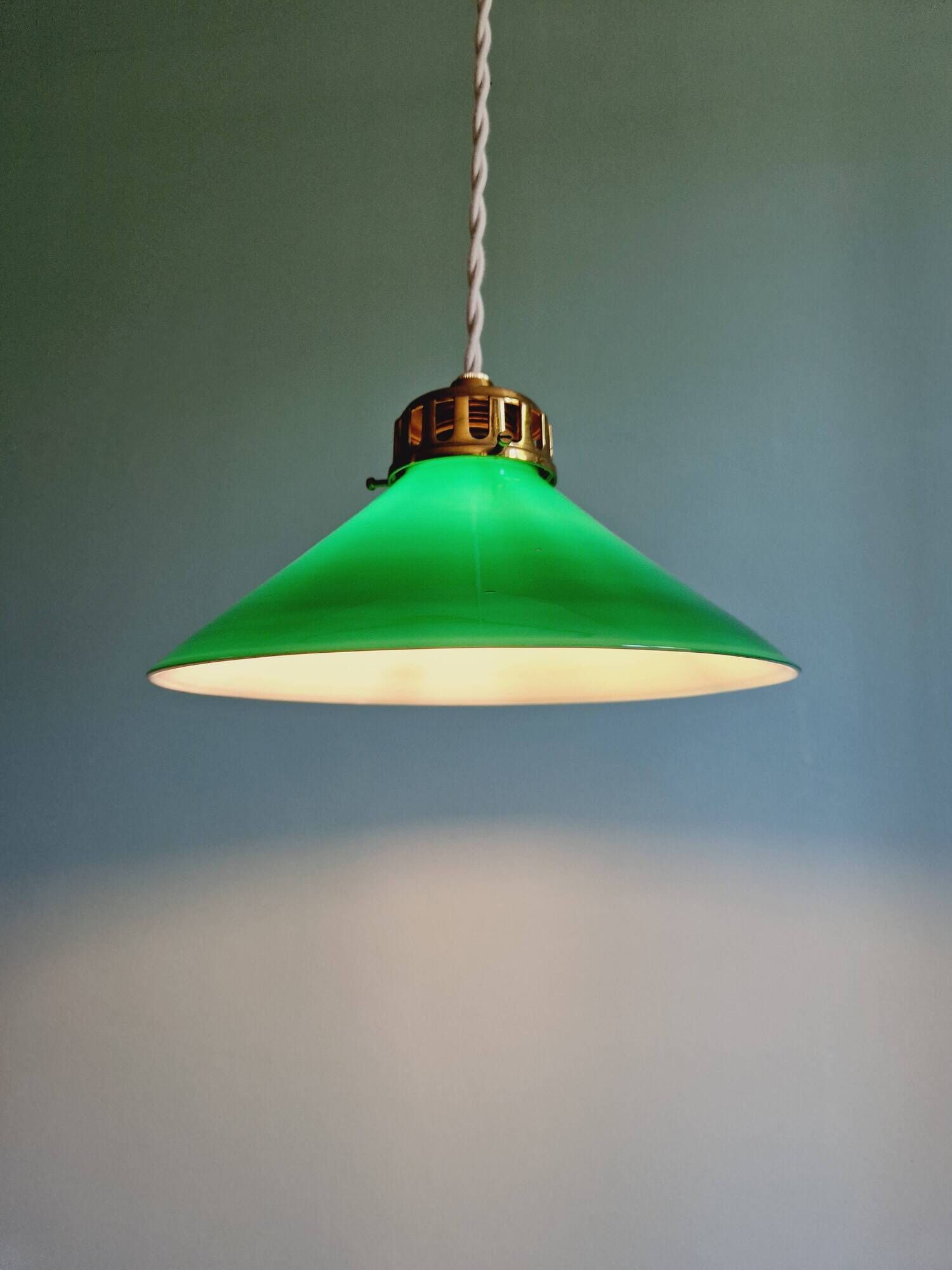 Art Deco pendant light in conical green opaline, 1920s-30s